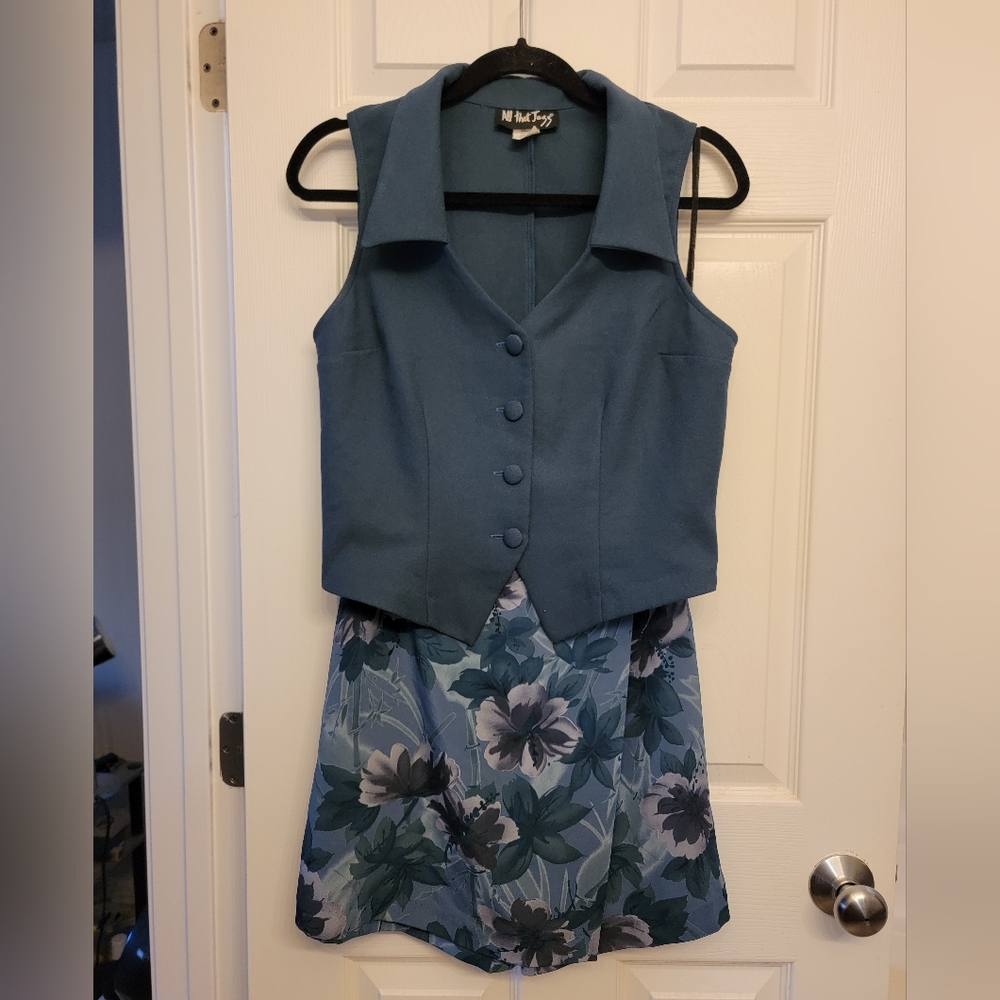 2 Piece Blue Fitted Vest/Floral Blue Skort